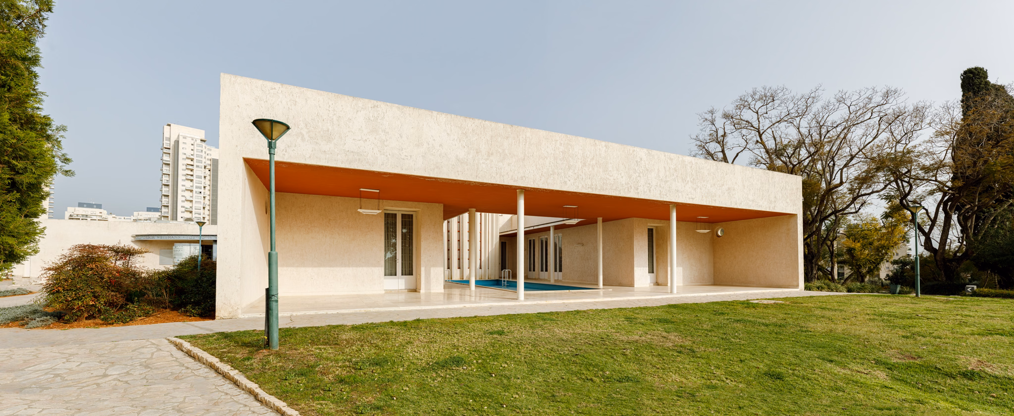 Colonnaded garden facade at Chaim Weizmann House in Rehovot, Israel
