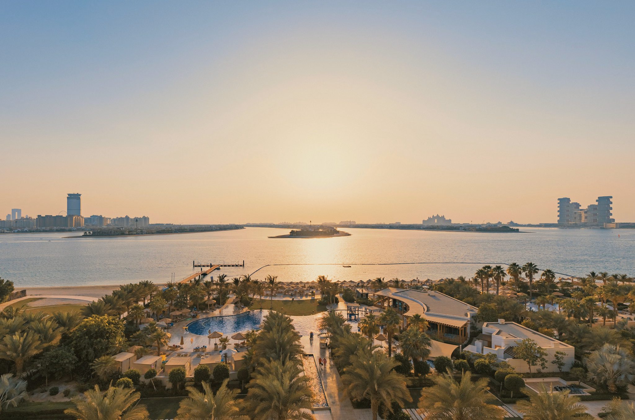 Elevated resort and Dubai skyline view at Waldorf Astoria Dubai Palm Jumeirah in Dubai, UAE