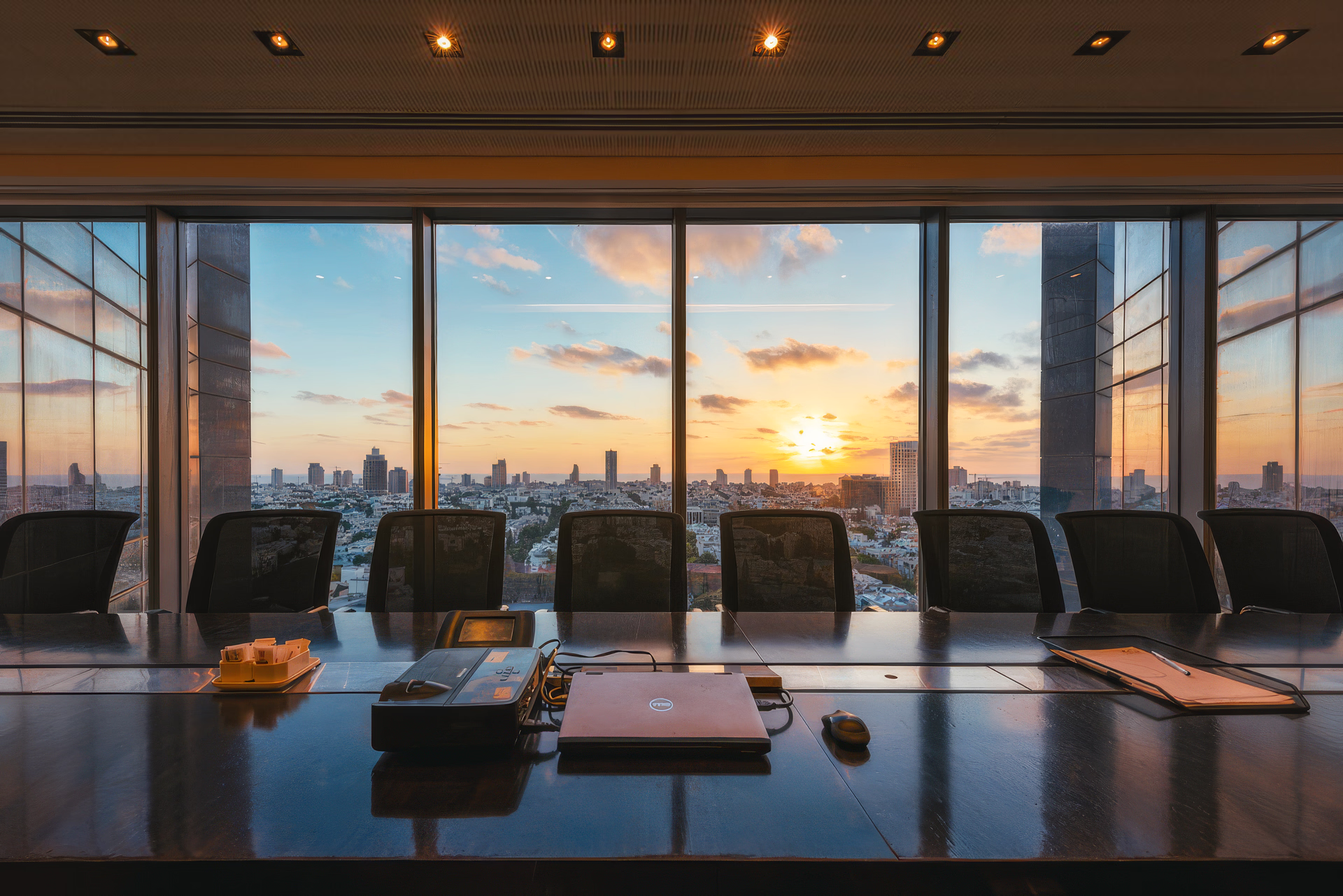 Boardroom table facing floor-to-ceiling windows and the Tel Aviv skyline at sunset in the Hamburger Evron & Co. offices